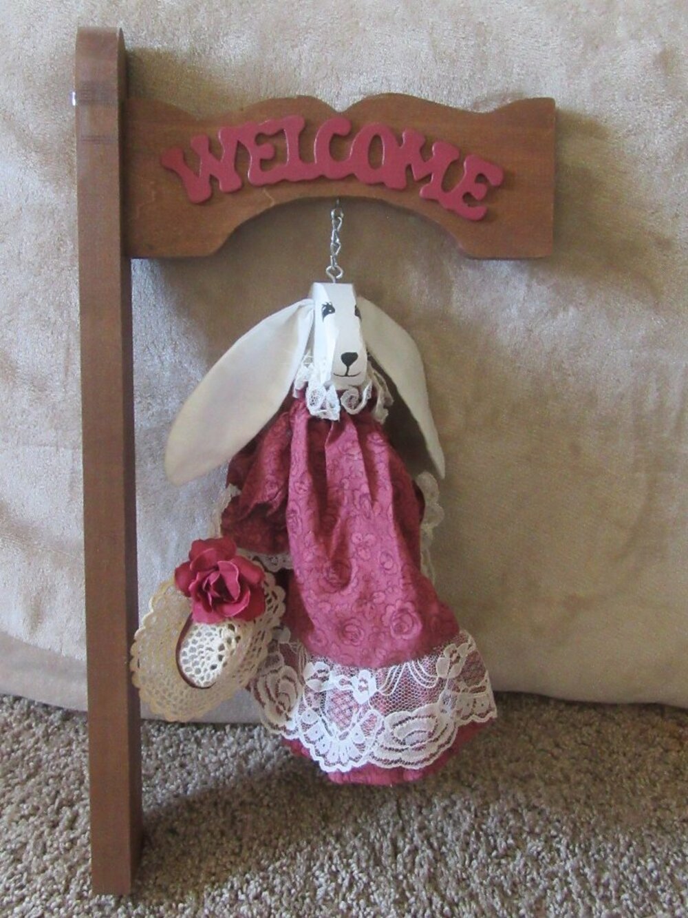 Vintage Folk Art Wood & Calico Bunny Welcome Hanging Sign 3-dimensional